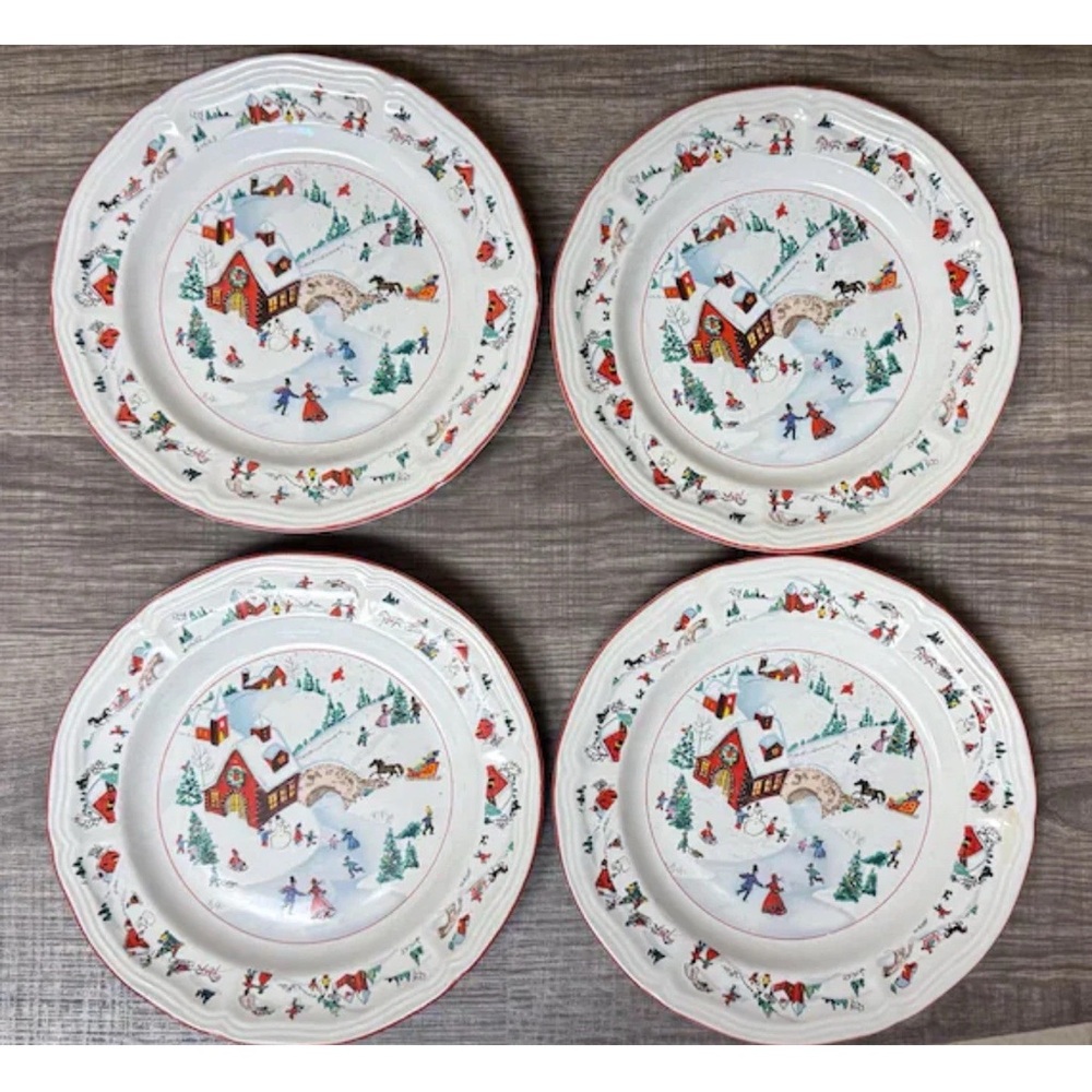 Set Of 4   Vintage Farberware White Christmas 391-40 Salad Plates 7.75" EUC
